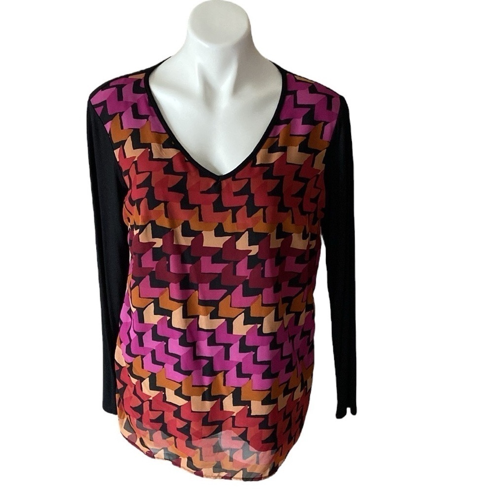 Sunny Leigh Colorful Houndstooth Long Sleeve Blouse V-Neck Casual Stretch